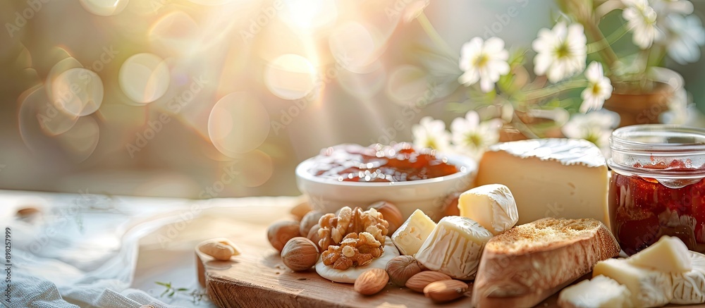 Poster A cheese board displaying jam nuts bread slices and a flower with lovely natural light set against a copy space image