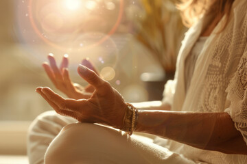 Woman practicing reiki in a sunlit room