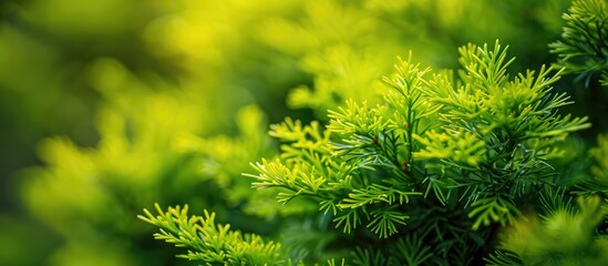 Close up image of the vibrant yellow green foliage of Thuja occidentalis Smaragd with selective focus ideal for a copy space image
