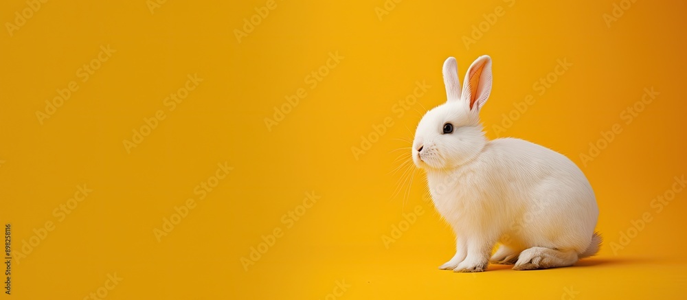 Poster a charming fluffy white rabbit stands alone against a yellow backdrop embodying the essence of easte