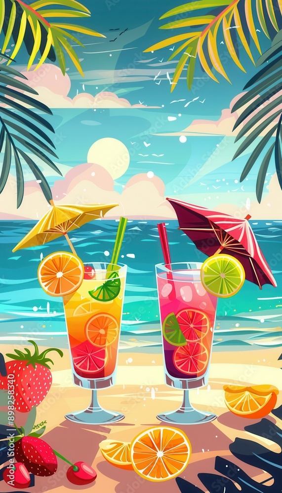 Aufkleber two colorful cocktails, garnished with fruit and umbrellas, sit on a beach with an ocean backdrop an