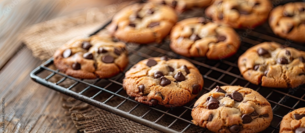 Poster delicious chocolate chip cookies just out of the oven with a copy space image