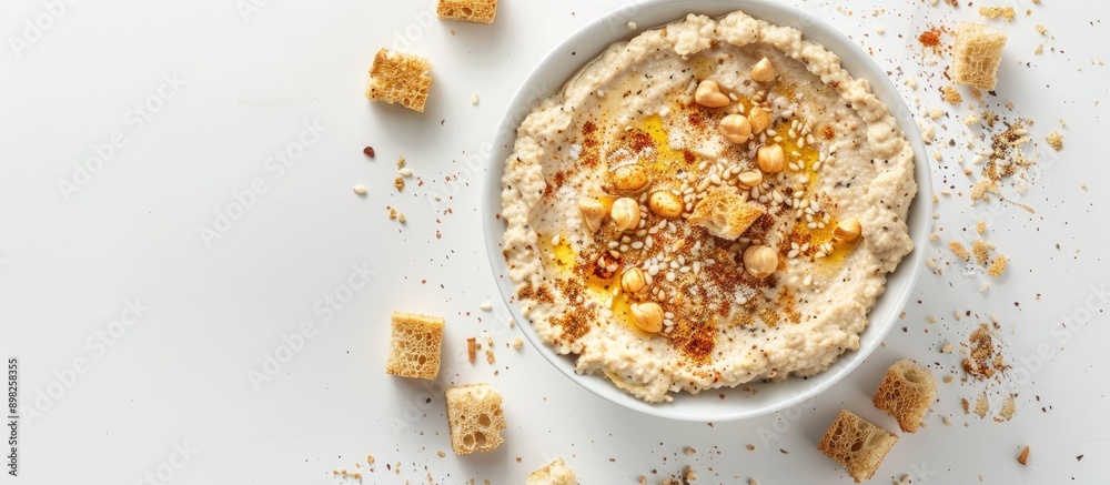 Poster Top down view of a bowl of hummus surrounded by crispbread crumbs spices and a white background perfect for a copy space image