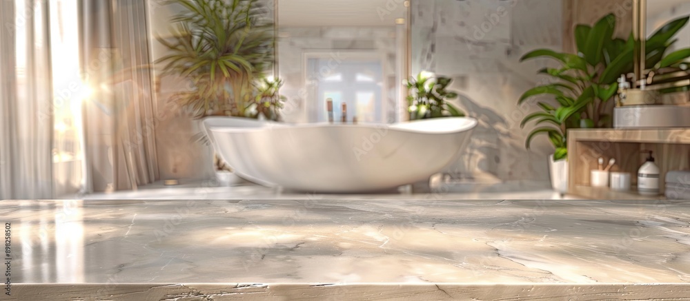 Poster blank marble table with blurred bathroom backdrop suitable for product display montage features ampl