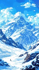 Obraz premium Pixel art snowy mountains, icy peaks, clear sky, pristine view