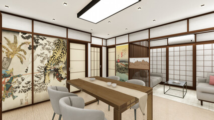 Interior Design of an art inspired  Japanese style living room with kumiko woodwork