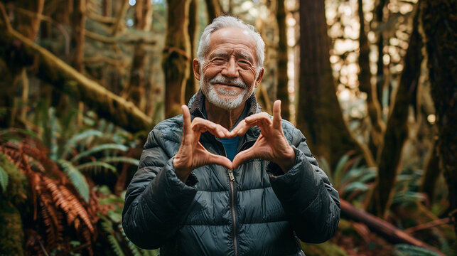An elderly man in a forest making a heart shape with his hands, symbolizing love and connection with nature. - Powered by Adobe