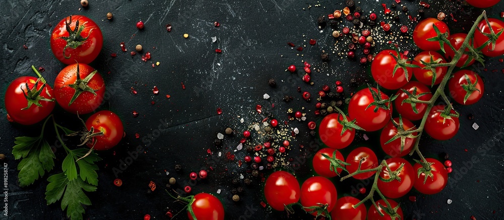 Poster A top view of cherry tomatoes and spices on a black backdrop Ideal for a long banner with copy space image