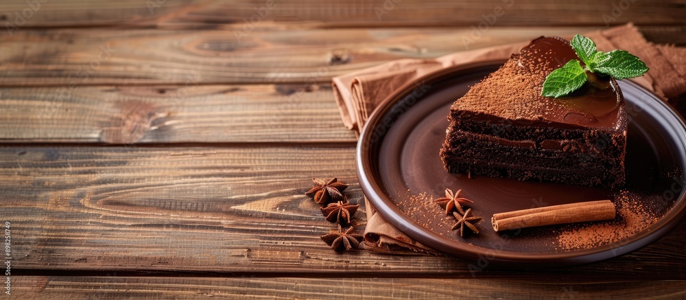 Aufkleber a delicious dessert of chocolate cake black coffee with spices served on a wooden table with a clear
