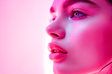Close up portrait of stunning pretty woman with chiseled features, pink make up on pink background illuminated