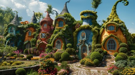 A garden photo featuring numerous plants, homes along the roadside, and trees lining the road