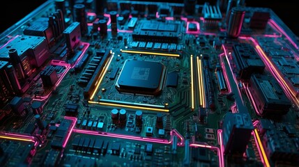 Motherboard with Illuminated CPU - High-Tech Electronics in Close-Up View
