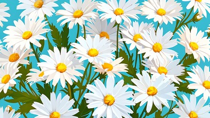 White daisies with yellow centers on blue background. Bright and cheerful floral backdrop for spring and summer designs. 2