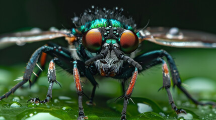 Naklejka premium Close-up of a colorful fly on a green leaf with water droplets, highlighting the intricate details of the insect and nature.