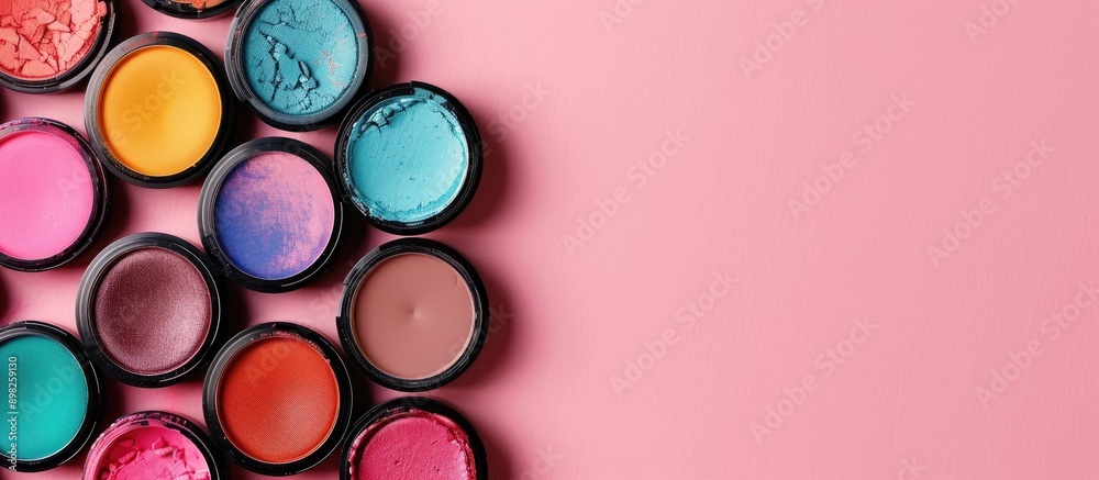 Poster colorful makeup shades displayed on a pink table in a top view flat lay setup with available copy sp