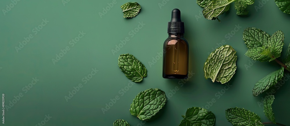 Poster Flat lay with a bottle of essential oil and mint on a green background providing ample copy space for adding text to the image