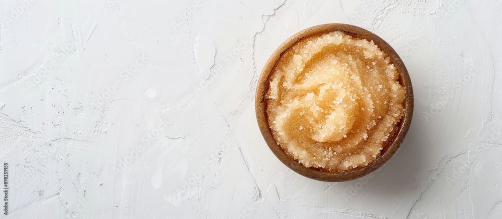 Poster top view of a body scrub on a white backdrop offers ample copy space image