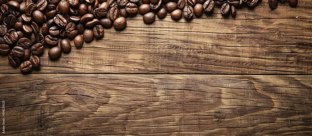 Aufkleber Coffee beans spread out across a wooden table with a blank space for text or images like a copy space image
