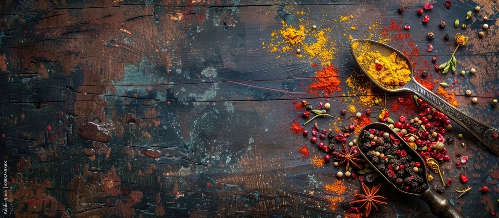 Poster colorful spices in an iron spoon set on an aged wooden table with a blank space for text alongside a