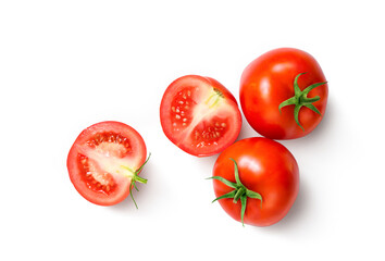 Top view of Fresh juicy red Tomato with cut in half  isolated on white background.