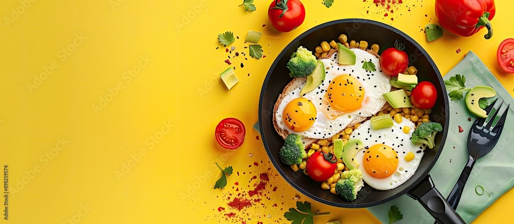 Poster Top down view of a nutritious breakfast cooked in a pan featuring eggs tomatoes corn and vegetables alongside avocado toast on a bright background with space for text or images. Creative banner