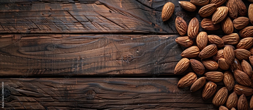 Poster almonds beautifully arranged on a rustic wooden background with ample copy space image