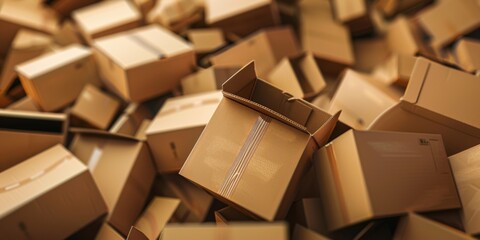 Fototapeta premium Cardboard Boxes Stack. Pile of Moving Boxes Closeup in Brown Cardboard Texture
