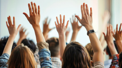 Students raise hands to answer question in classroom setting