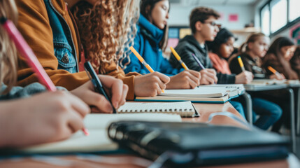 Students focused on writing in a classroom during a lesson