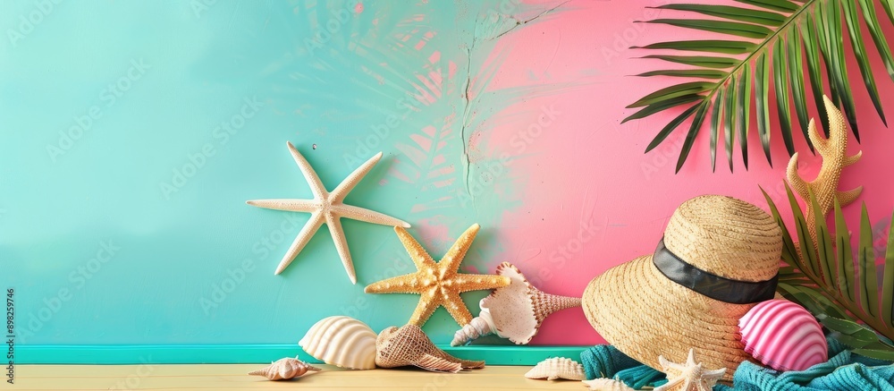 Aufkleber create a summer vacation vibe with beach items juxtaposed against a colorful wall providing a blank 