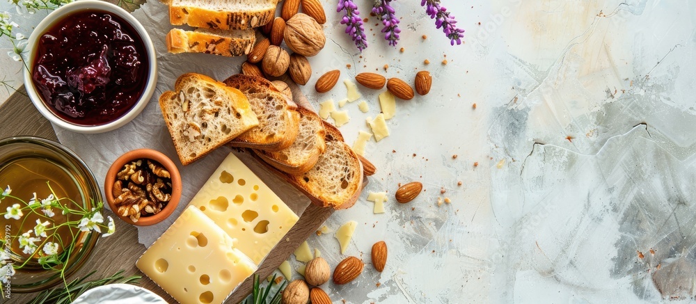 Poster A cheese board displaying jam nuts bread slices and a flower with lovely natural light set against a copy space image