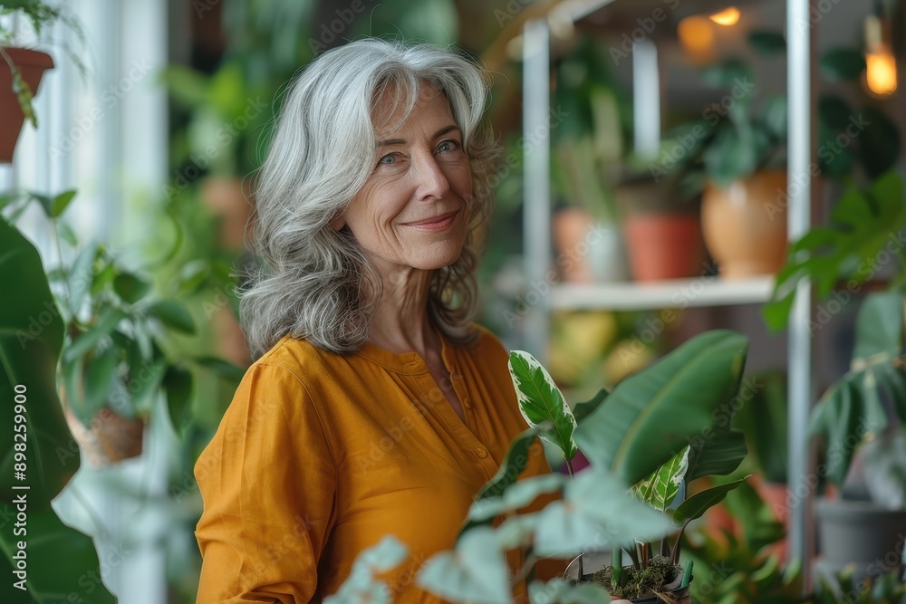 Wall mural Golden Moments of Serenity: Senior Woman Tending Indoor Plants for Mental Health