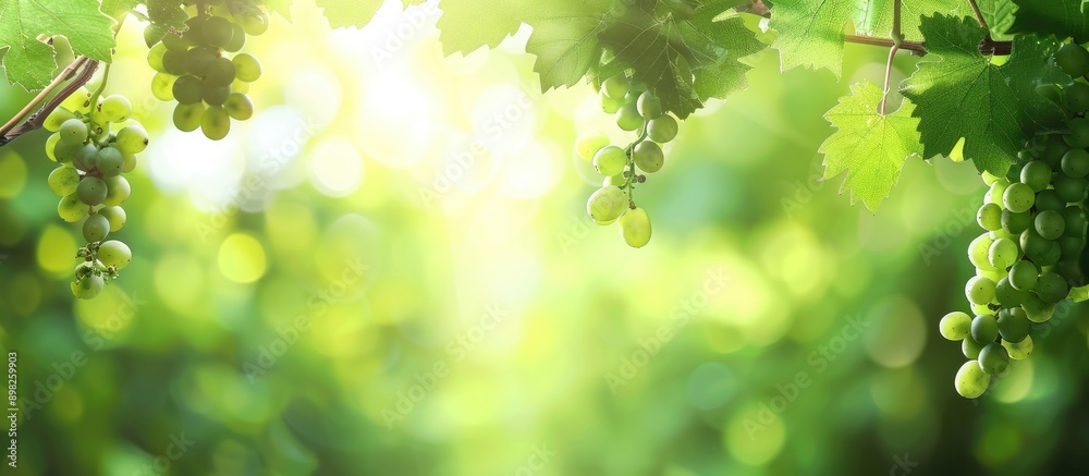 Poster blurred background with green grapes and leaves showcasing a serene copy space image