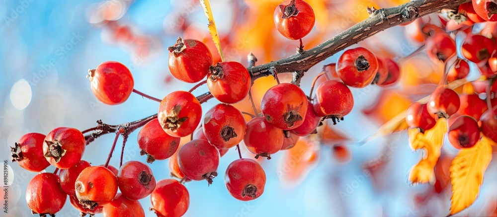 Aufkleber Close up of a hawthorn branch with large red fruits set against a blue autumn sky creating a vivid nature background for use as a fresh wallpaper with a selective focus on the copy space image