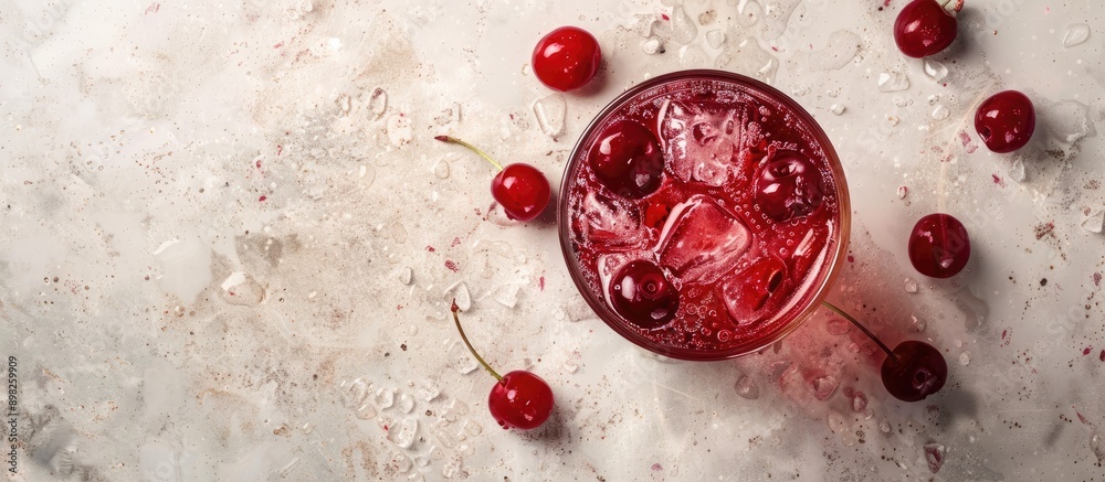 Poster cherry cocktail with ice on a light surface seen from above featuring a spacious area for text or im