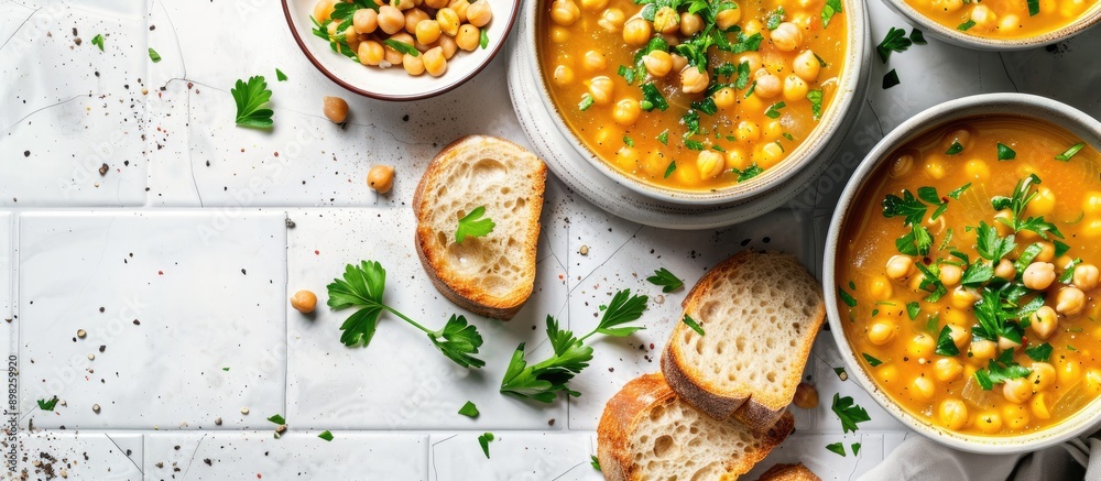 Poster flat lay image featuring delicious chickpea soup in bowls with bread and parsley on a white tiled ta