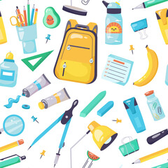 Vector seamless pattern for boys with school supplies elements on transparent background. Children's design for baby prints, covers, wallpapers, wrapping paper, scrapbooking.