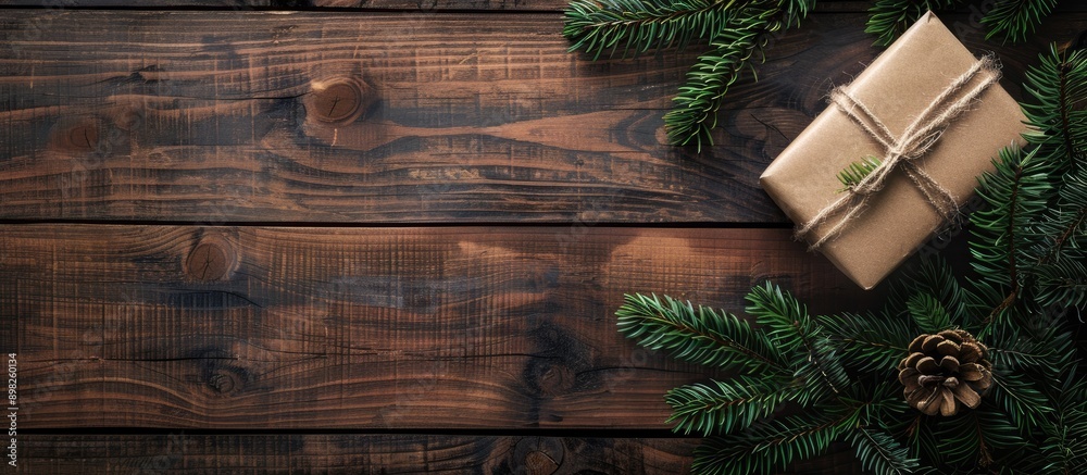 Aufkleber a christmas gift box sits beside a pine branch on a wooden table in a top down view leaving room for