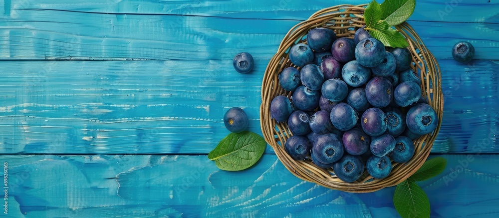 Aufkleber blueberries in a wicker bowl on a blue wooden table in a flat lay shot background concept with a cop