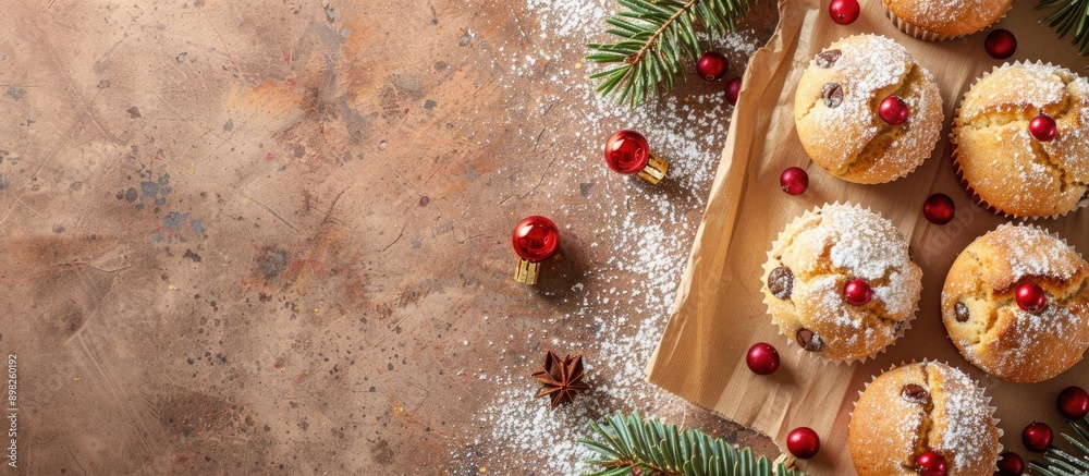 Aufkleber top down view of a paper with christmas greetings muffins snow and a christmas tree featuring copy s