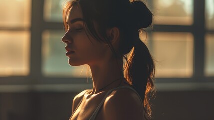  A woman with her eyes shut stands before a window, her hair in a tight ponytail bun