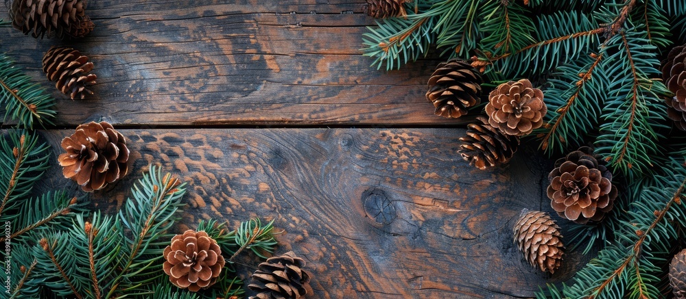 Aufkleber Top view of a composition with pine cones and spruce branches on a wooden backdrop ideal for a copy space image