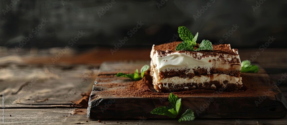 Poster an appetizing tiramisu dessert set on a dark wooden backdrop adorned with fresh mint featuring ample