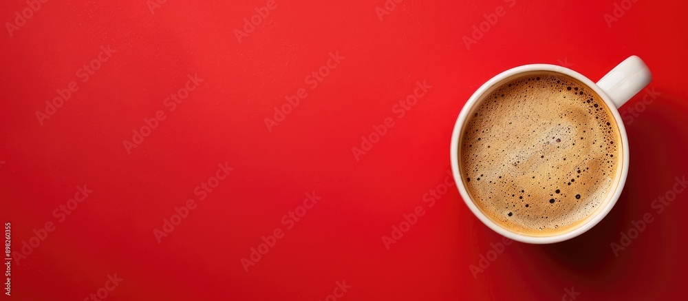 Poster flat lay of coffee cup with frothy foam on red backdrop featuring copy space image