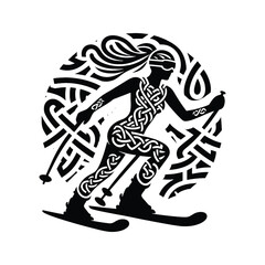 Fototapeta premium Skiing female player in celtic knot pattern illustration, emblem shield badge