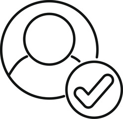 Line art icon of a user account profile with a checkmark indicating successful verification