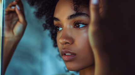 Young woman checking makeup in mirror with dark background