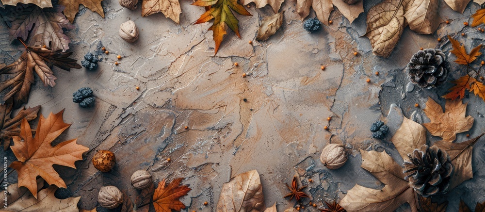 Leinwandbilder Autumn themed arrangement with dried leaves and various decor elements on a table presented in a top view flat lay style with copy space image