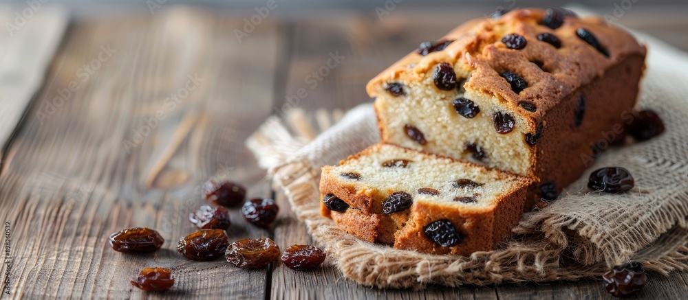 Poster close up rustic image of a tasty homemade cake with raisins on a light wooden surface perfect for co
