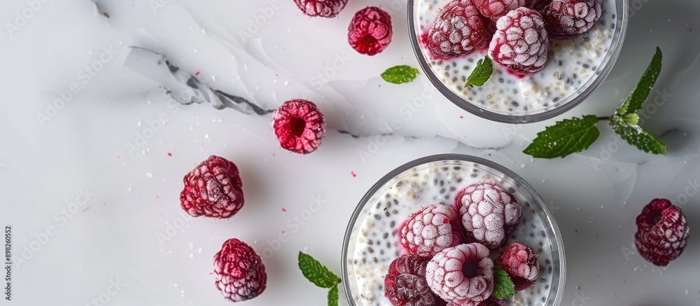 Aufkleber An aerial view of a breakfast presentation featuring chia pudding with frozen raspberries and cottage cheese in two small clear glasses with a copy space image